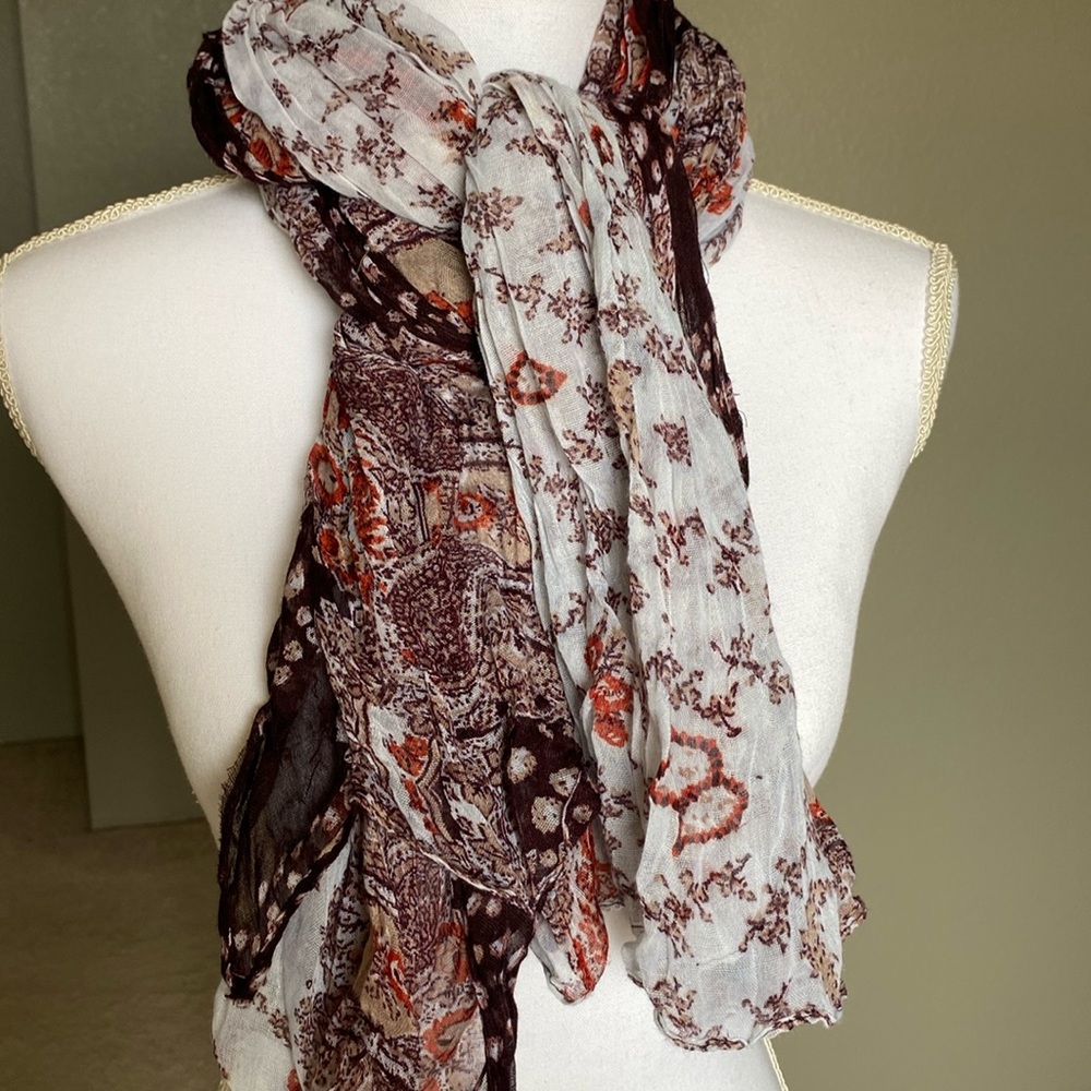 Eggplant, White and Rust printed Gauzy scarf